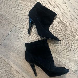 Audrey Brooke black suede peep toe ankle bootie.